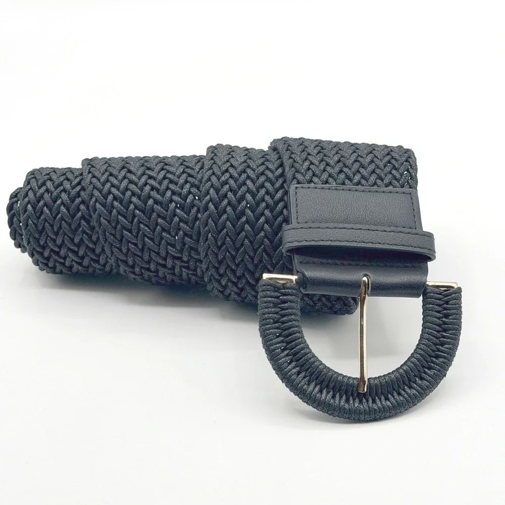 Womens Black Braided Elastic Waist Belt Wide‎ Woven Cinch Gold Horseshoe Buckle